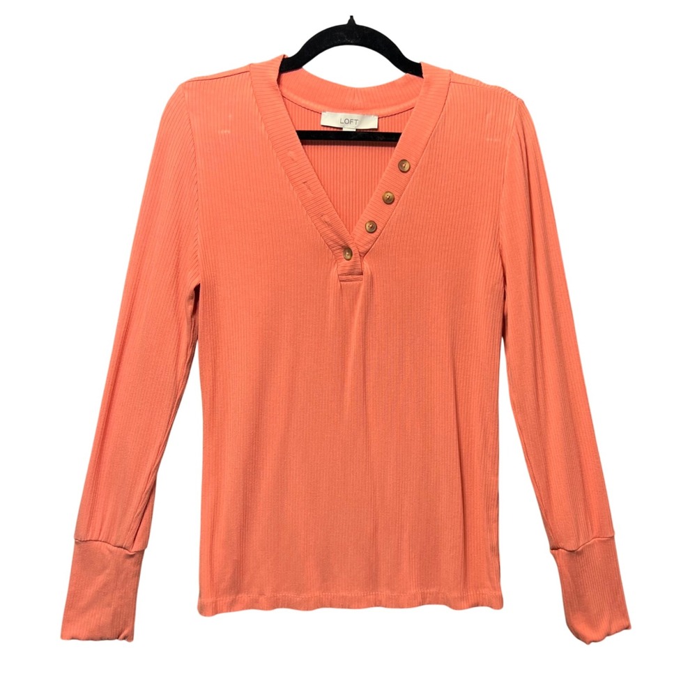 LOFT Ribbed Henley Long Sleeve‎ Shirt Coral V Neck Button Detail Size L